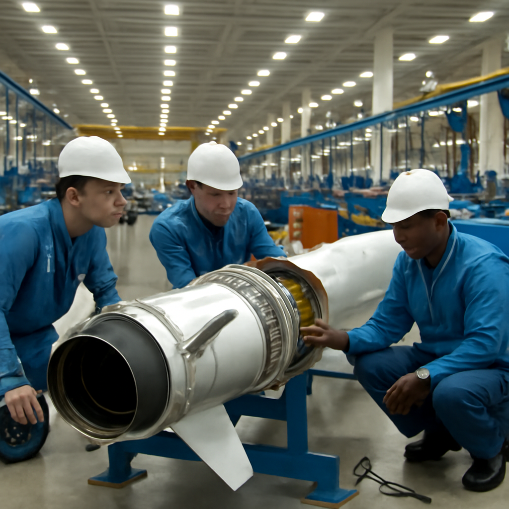 Technicians inspect a large rocket motor at a brightly-lit industrial facility with rows of workstations and machinery.