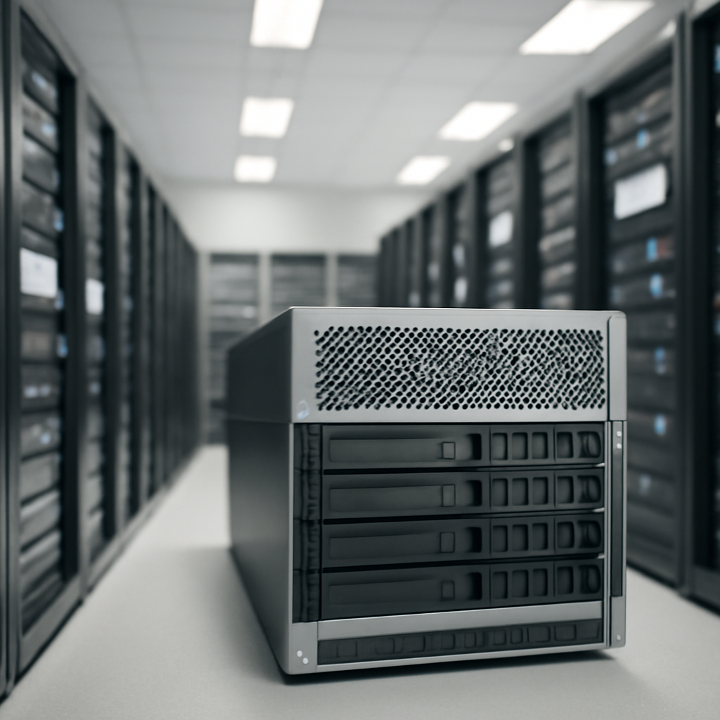Server room interior with highlighted equipment in foreground.