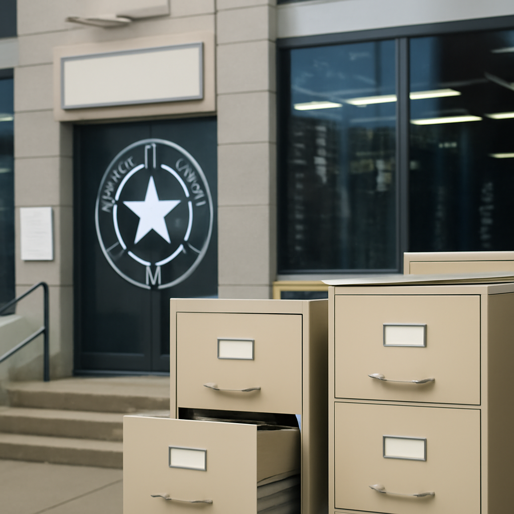 US military building entrance with filing cabinets slightly ajar, hinting at data breach.