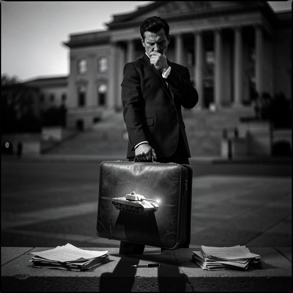 Muscular suited figure holds briefcase with subtle military hardware hinted in shadow, before government building.