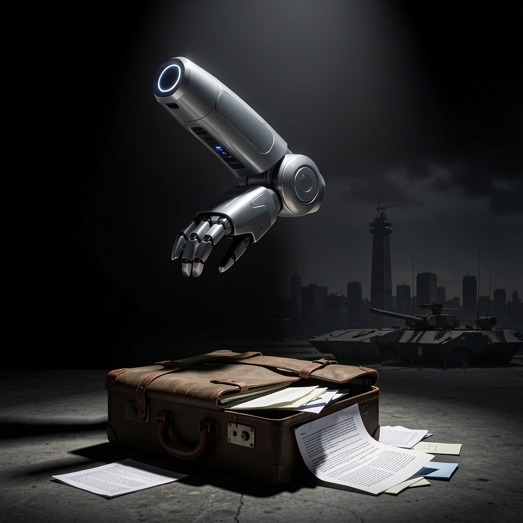 Futuristic robotic arm emerges from darkness, cityscape in distance.