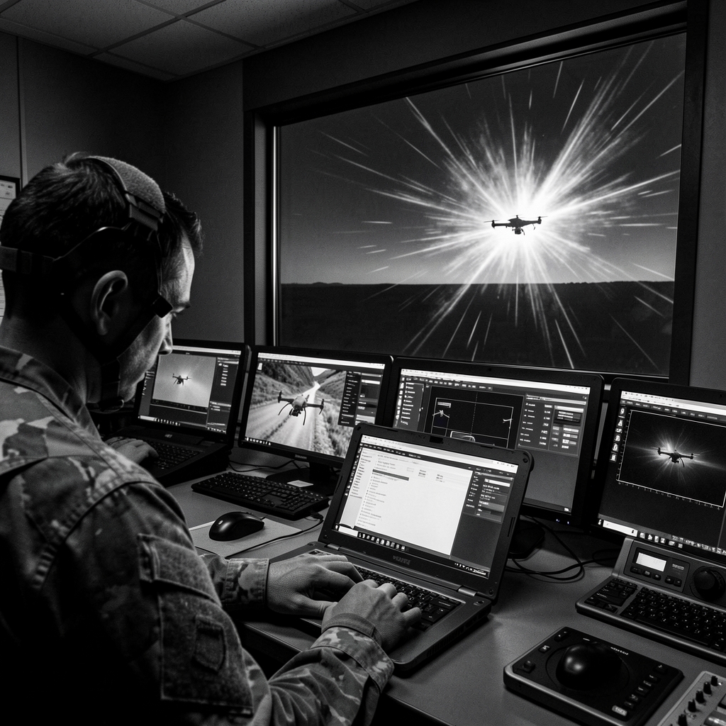 Military personnel operate a laptop in a command center, monitoring drone feeds on multiple screens with a drone visible…
