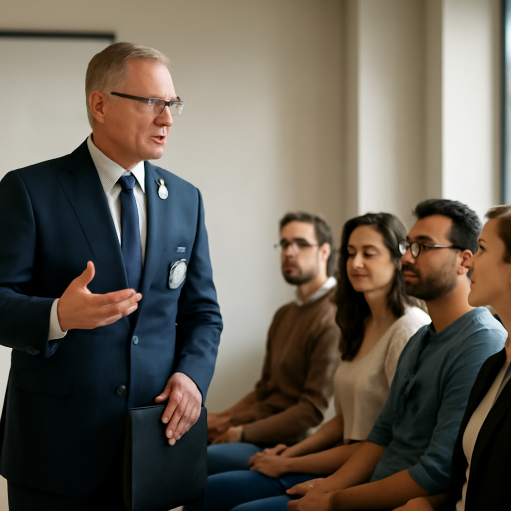 Defense Department official addresses tech industry professionals in a conference room.