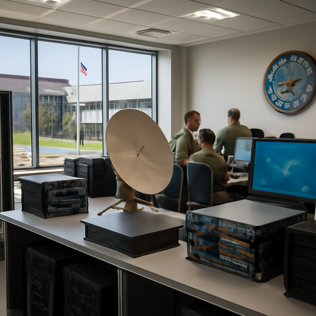 US military network operations center with IT equipment and large window.