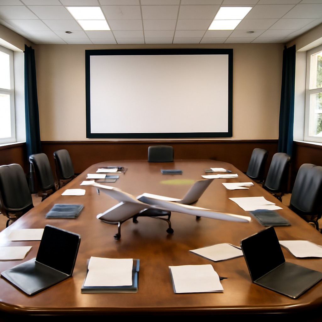 Formal conference room with futuristic drone model on a large wooden table.