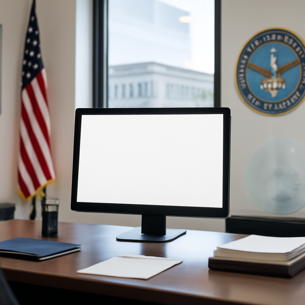 Formal government office with modern and institutional elements, featuring a large blank computer screen on a sleek desk…