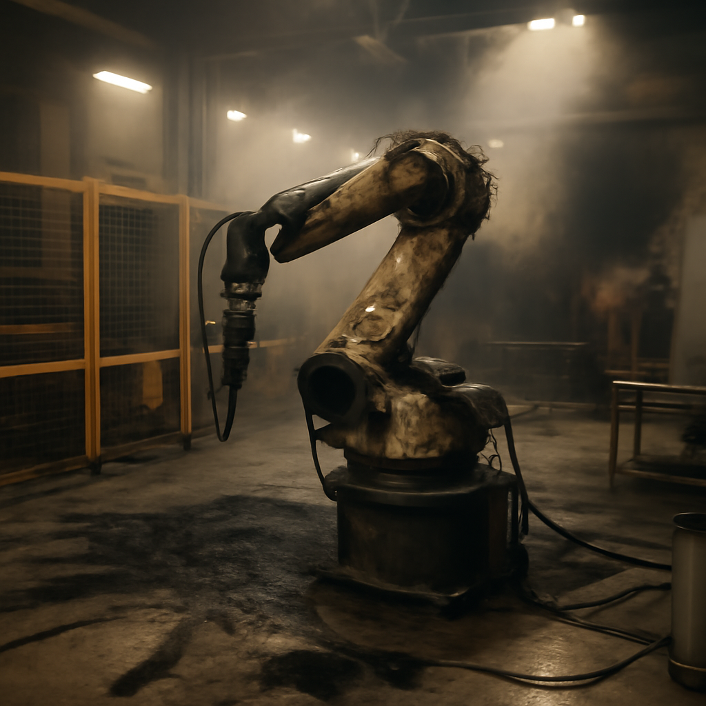 Damaged industrial robot arm surrounded by safety fencing and scorch marks.