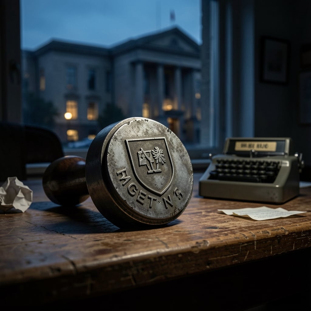 Metal stamp with partially erased shield or crest lies on worn wooden desk in government office setting.