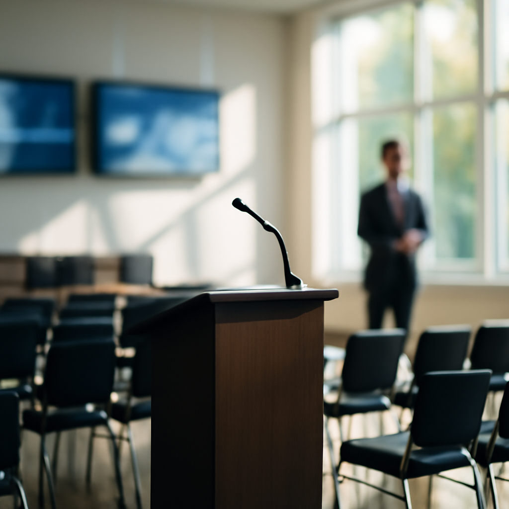 Formal conference setting with podium, empty chairs, and large window reflecting natural light and abstract technology…