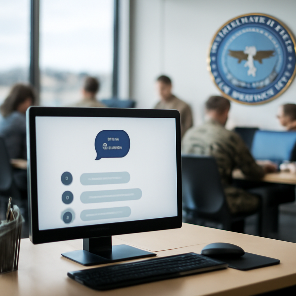 US Department of Defense office workspace with chatbot interface on computer screen.