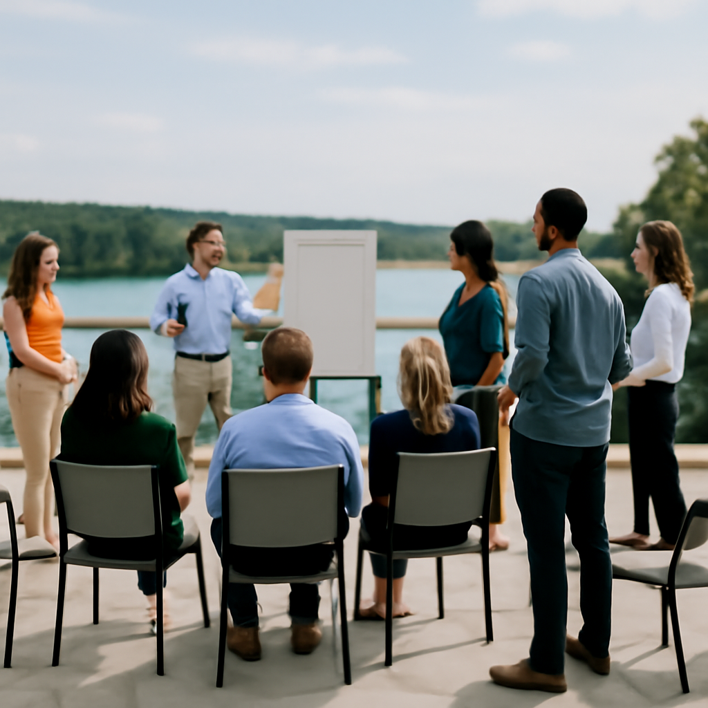 Businesspeople gather around a presentation area on a terrace overlooking the Potomac River.
