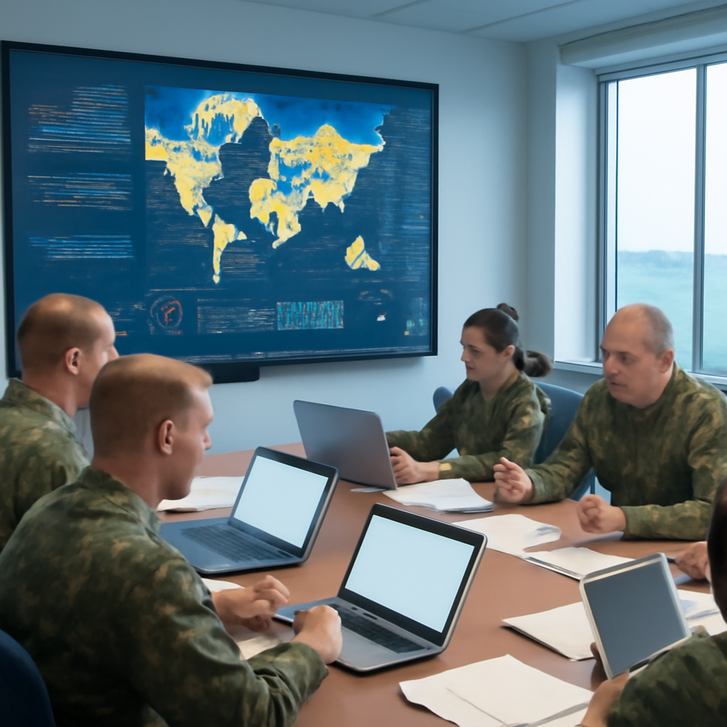 US military personnel gather around a table with laptops, reviewing data on a large screen display in a briefing room.