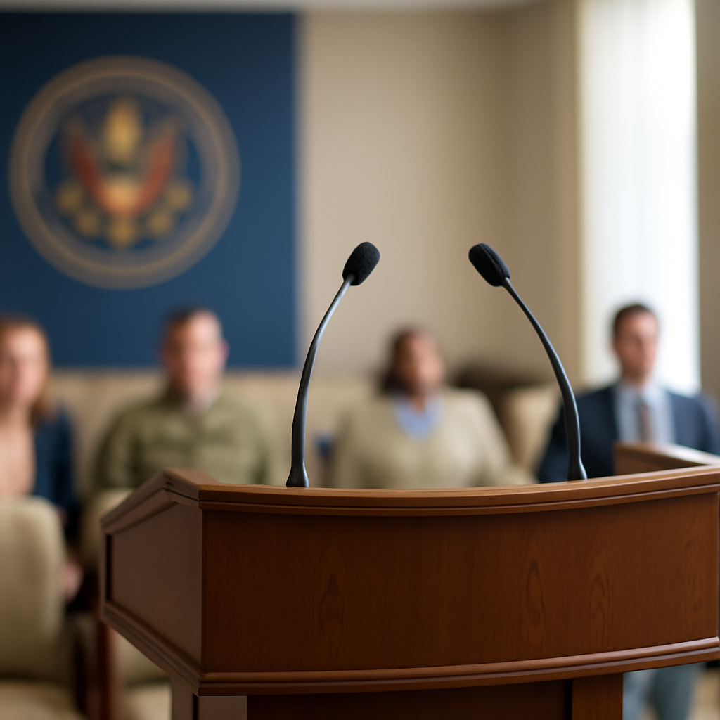 Formal podium stands empty in a large, well-lit room with sparse seating and a blurred government or military logo in the…