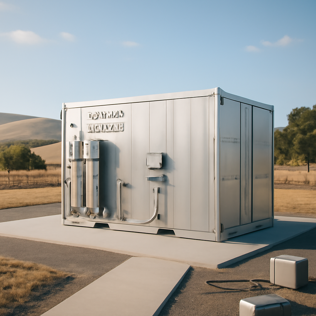 Small nuclear reactor unit on a concrete pad at a testing facility surrounded by hills and trees.