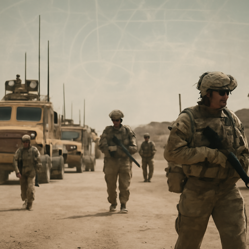 US military convoy patrols through a desert environment with soldiers on alert.