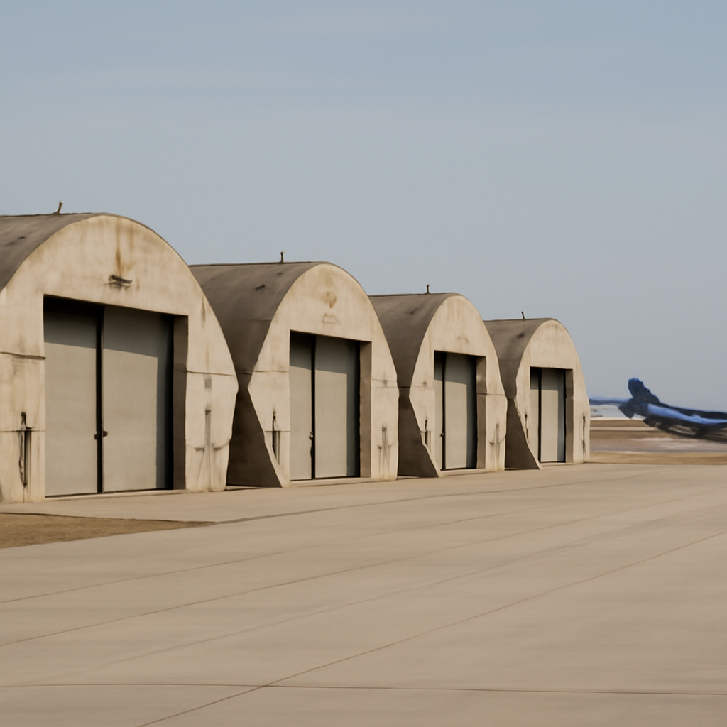 Row of unoccupied hardened aircraft shelters at a military airbase with a bomber in the distance.