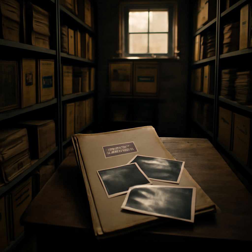 Dusty government archive room with classified files and old photographs.