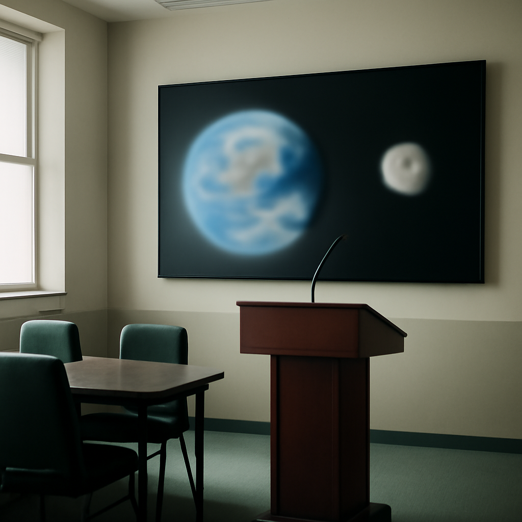 Military briefing room with screen display showing Earth and Moon.