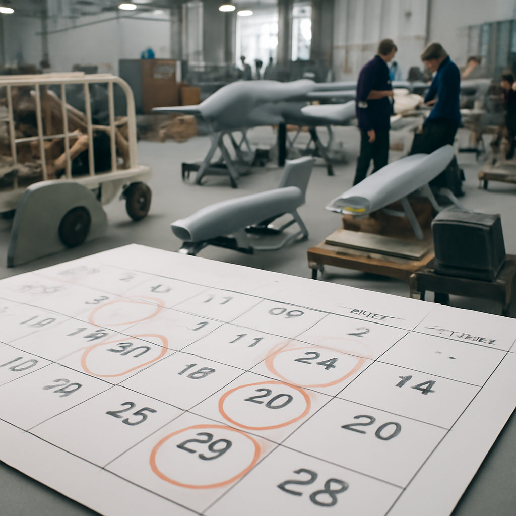Construction site with multiple projects in various stages, calendar in foreground.