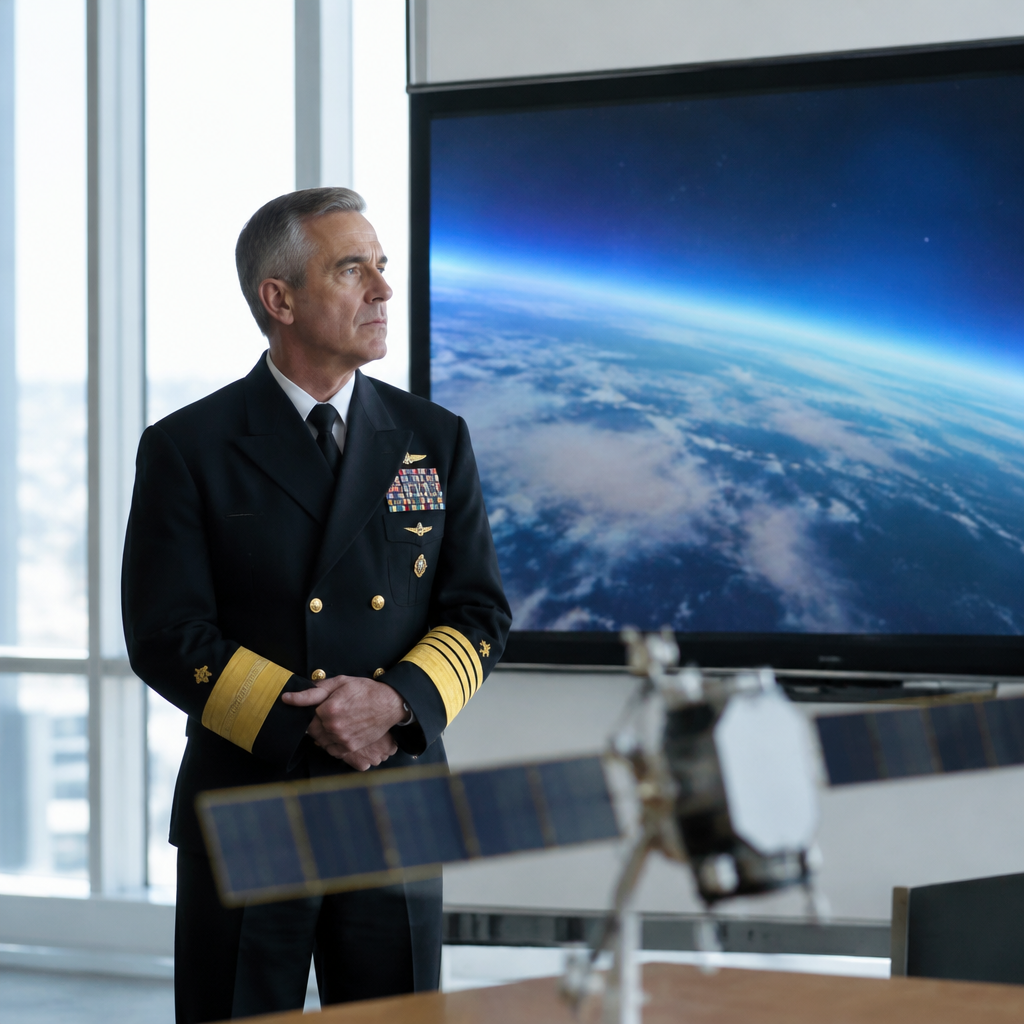 Military officer stands before a large display projecting a starfield or Earth image.
