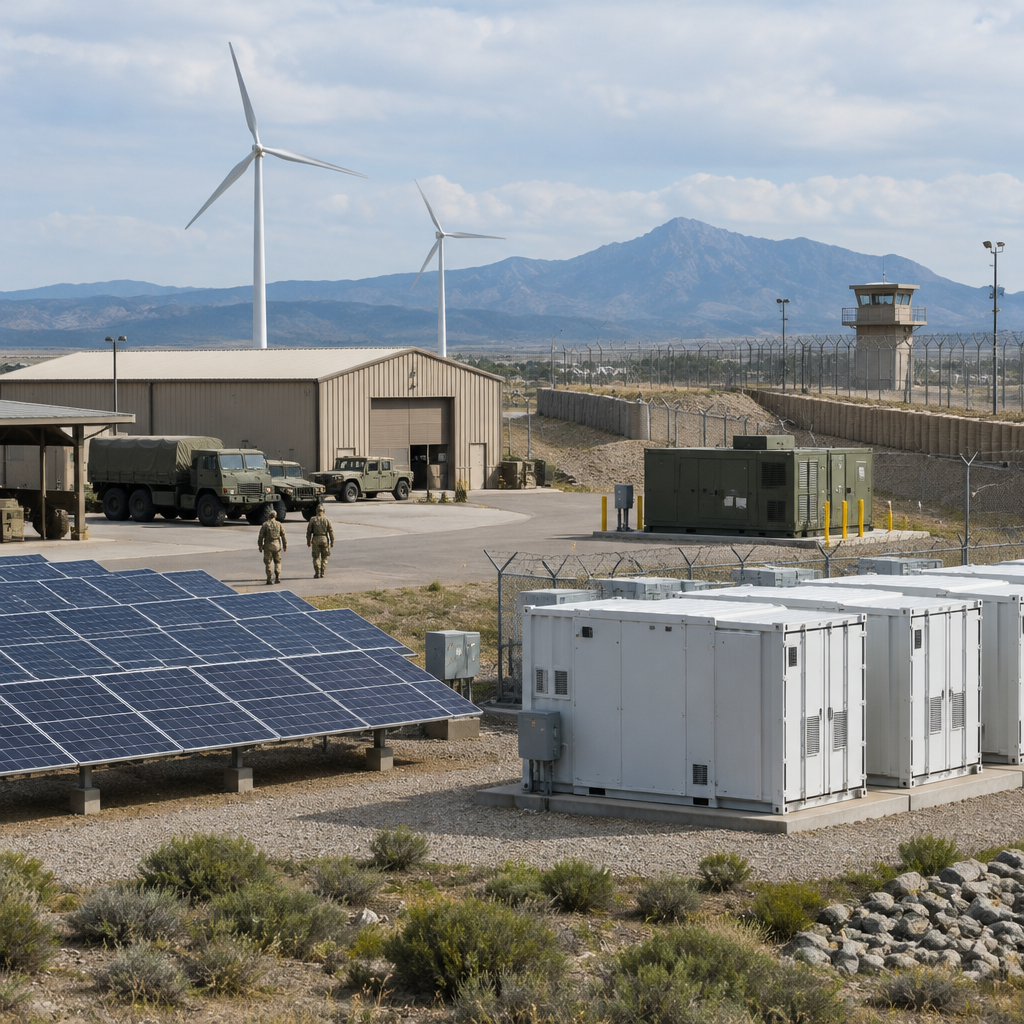 US military base with modern and traditional infrastructure, including renewable energy systems and resilience measures.