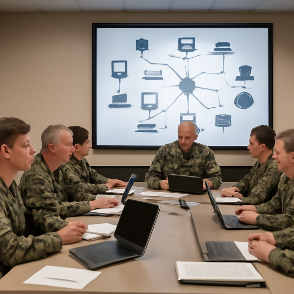 Military personnel gather around a table with laptops and papers in a briefing room with a large screen displaying a…