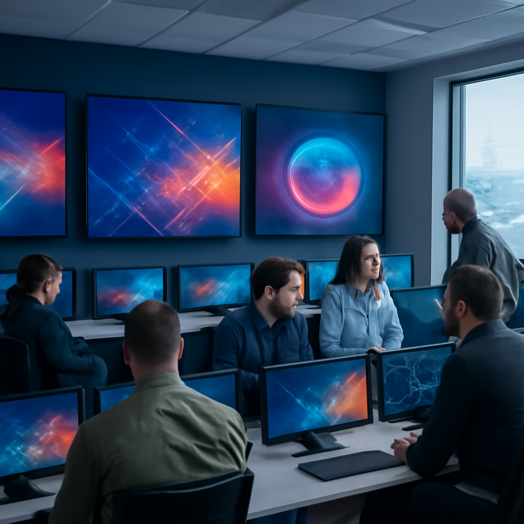 Cybersecurity team analyzes network activity in a brightly-lit operations center.
