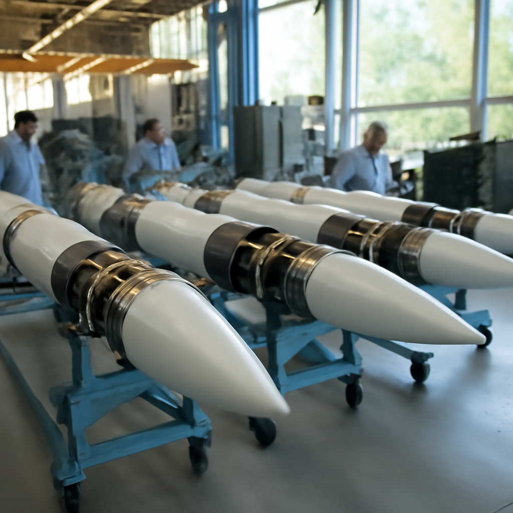Workers assemble missile components on a brightly-lit production line with natural light pouring in through a large window.