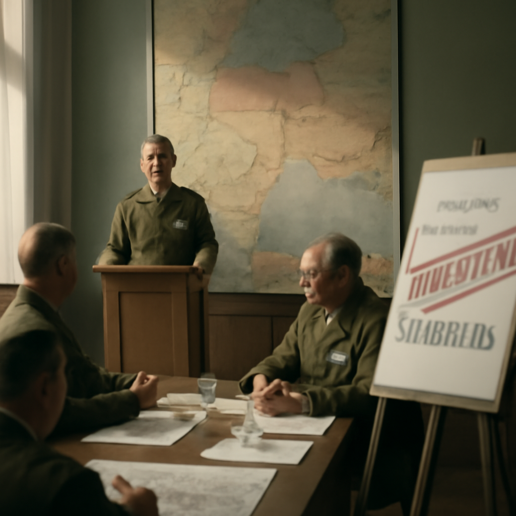 Military officers gather around a table in a briefing room with a large Eastern Europe map and a canceled deployment plan…