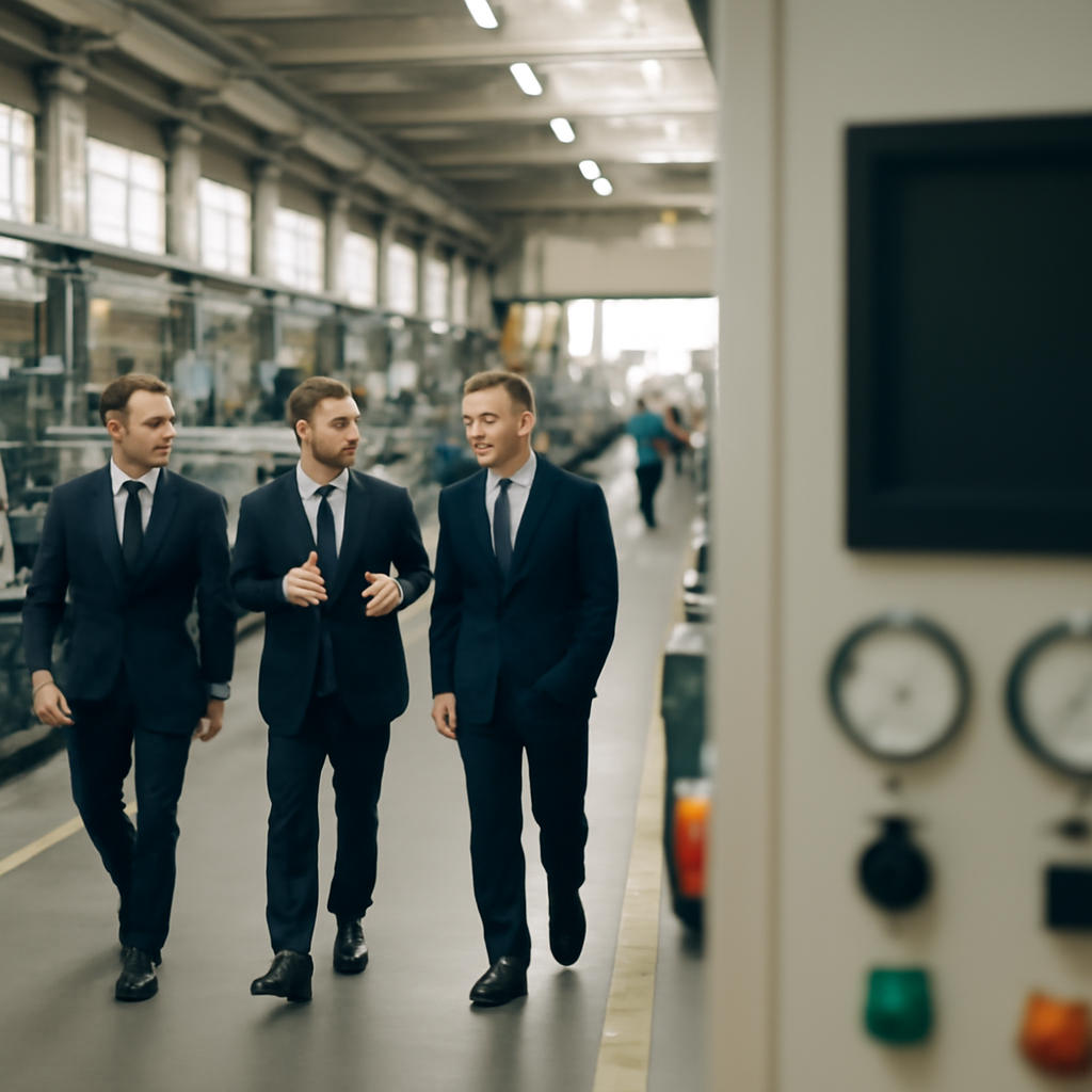 Officials discuss in front of industrial machinery and a control panel at a manufacturing facility.