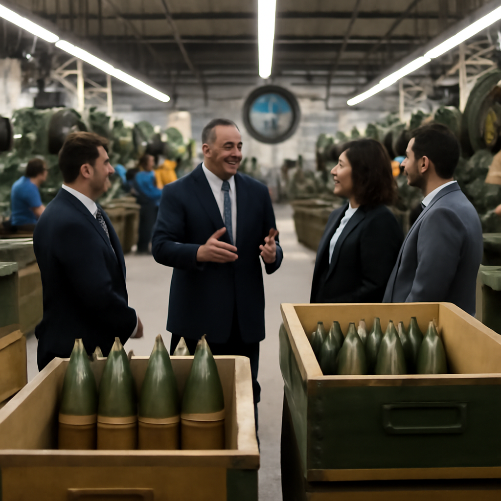 Government official stands near military equipment crates at munitions factory.