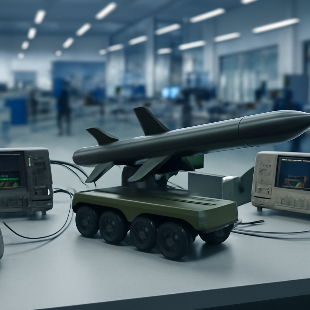 Modern military lab with ground-launched precision strike system prototype on workbench surrounded by testing instruments.