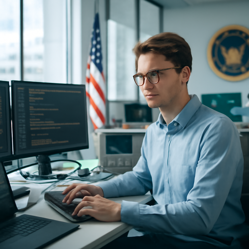 Young programmer in government office surrounded by technology with patriotic elements.