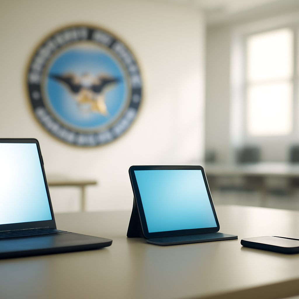US Department of Defense facility interior with technology devices on a neutral surface.