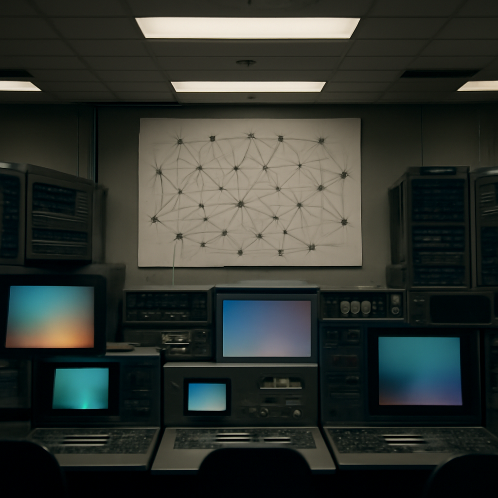 Large dimly lit server room with screens displaying network topology and abstract patterns.