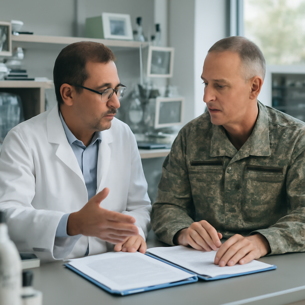 Scientist and military officer collaborate in laboratory with medical and military equipment.