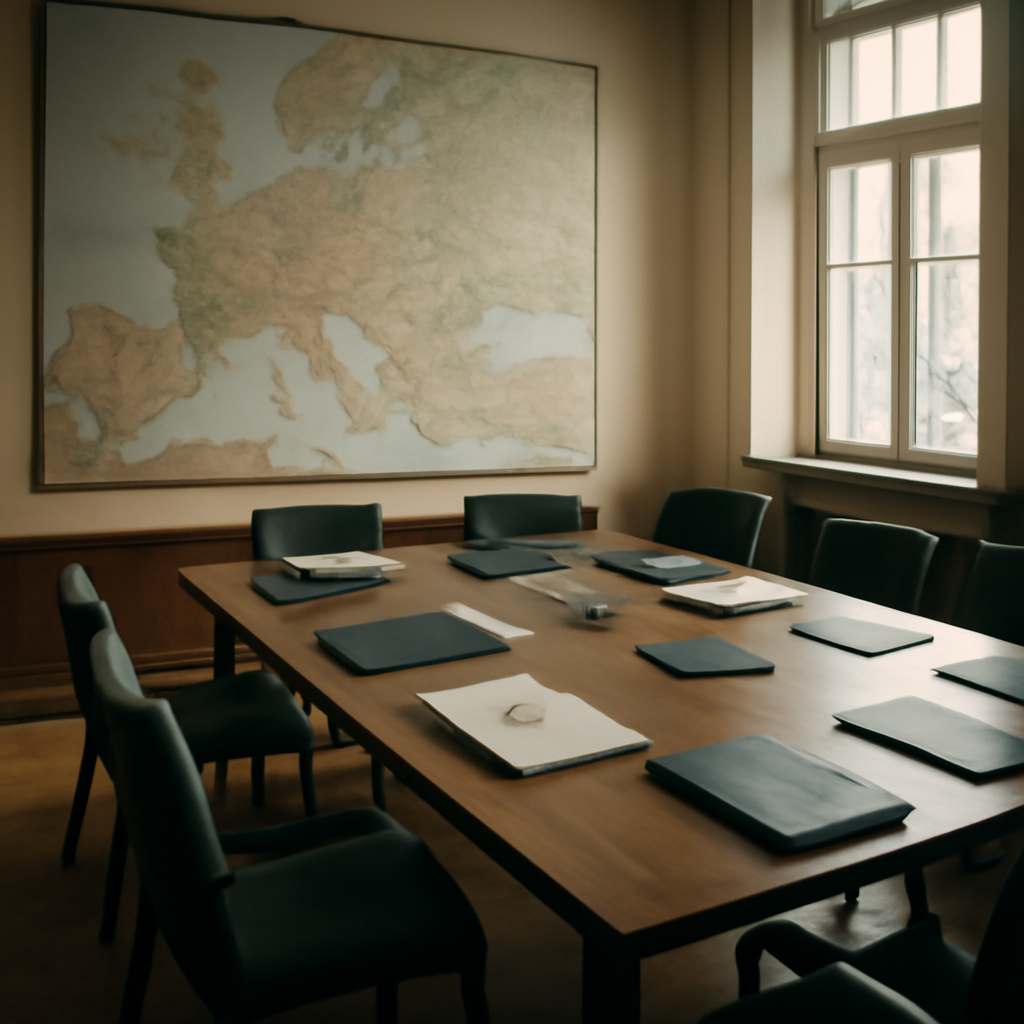 Military briefing room with large Europe map, conference table, and chairs, well-lit with natural daylight.