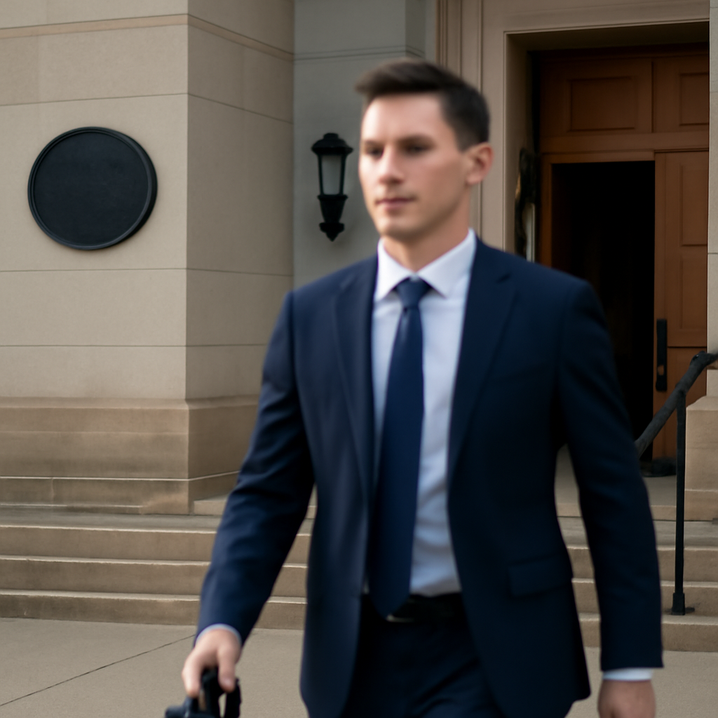 Person in formal business attire exits a government building with a neutral expression.