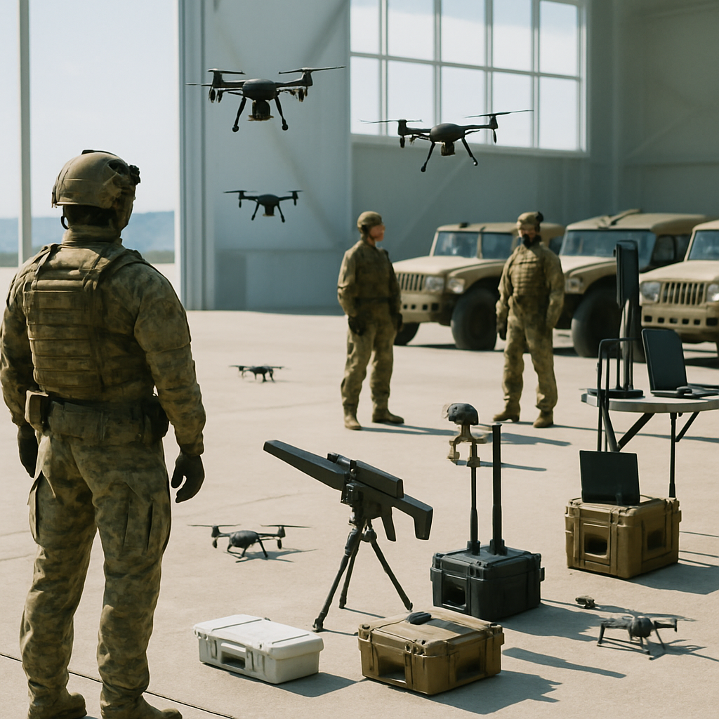 Military personnel in tactical gear surround drones on ground and in air at a special operations exercise.