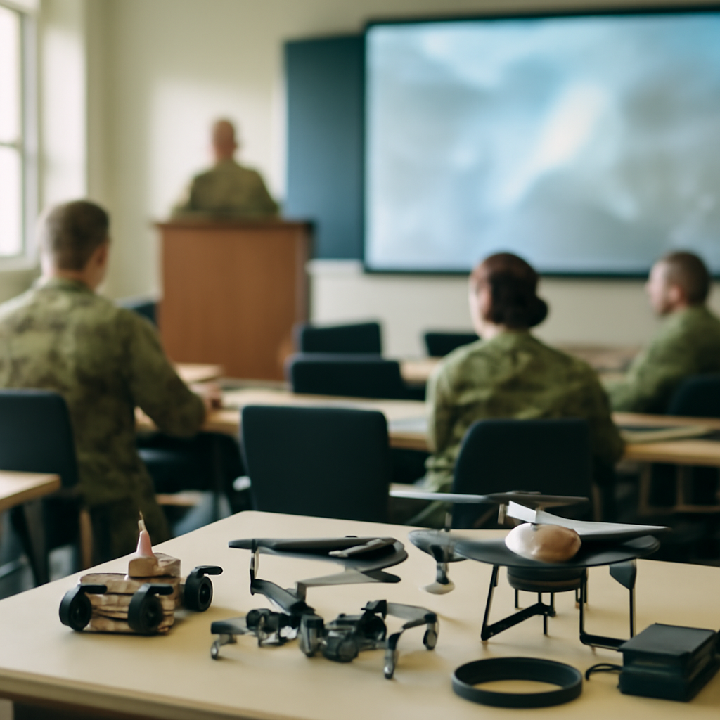 Military briefing room with podium, seating, and large screen display.