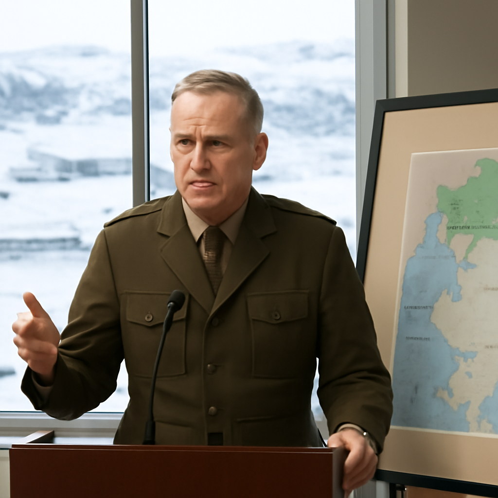 Senior defense official speaks at podium with map, overlooking snowy landscape.