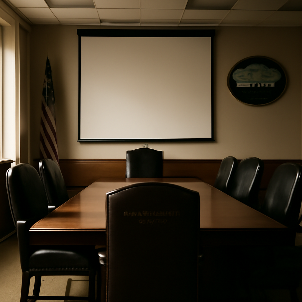 Empty conference room at the Pentagon with a large wooden table and blank whiteboard.