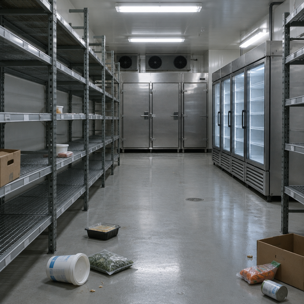 Rows of empty shelves and industrial freezers in a refrigerated military storage room.