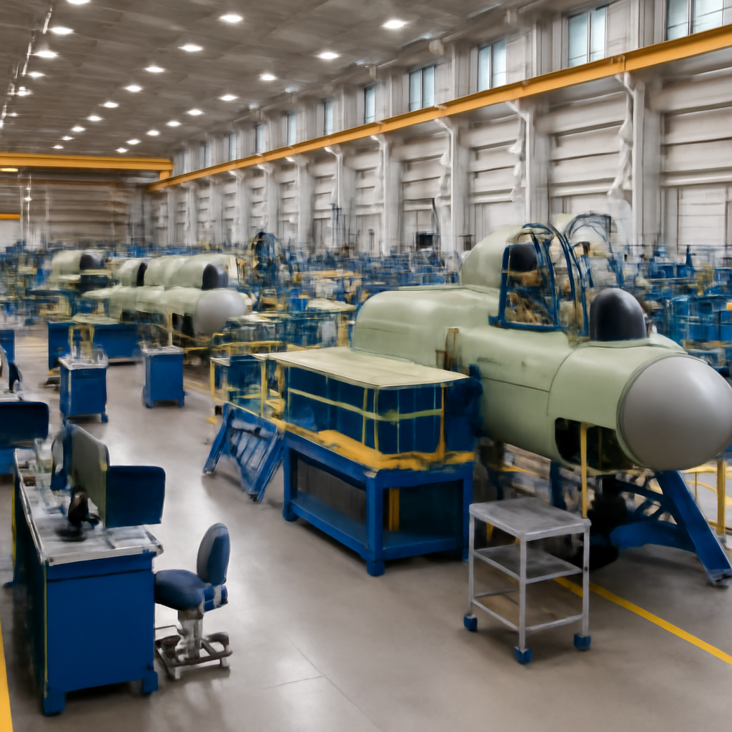 Defense industrial base facility with workers and equipment producing aircraft and defense systems.