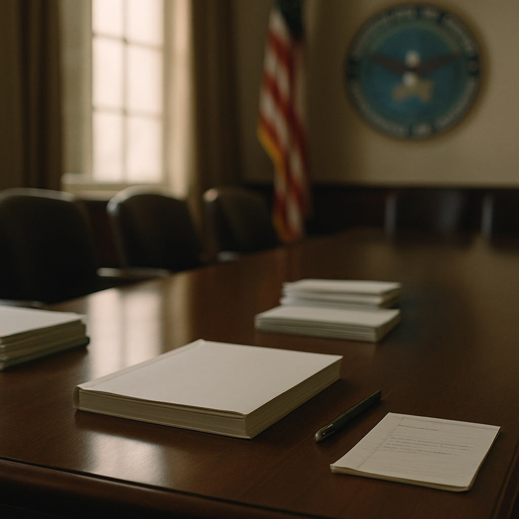 Softly lit government hearing room with empty chairs and a single, open notebook.