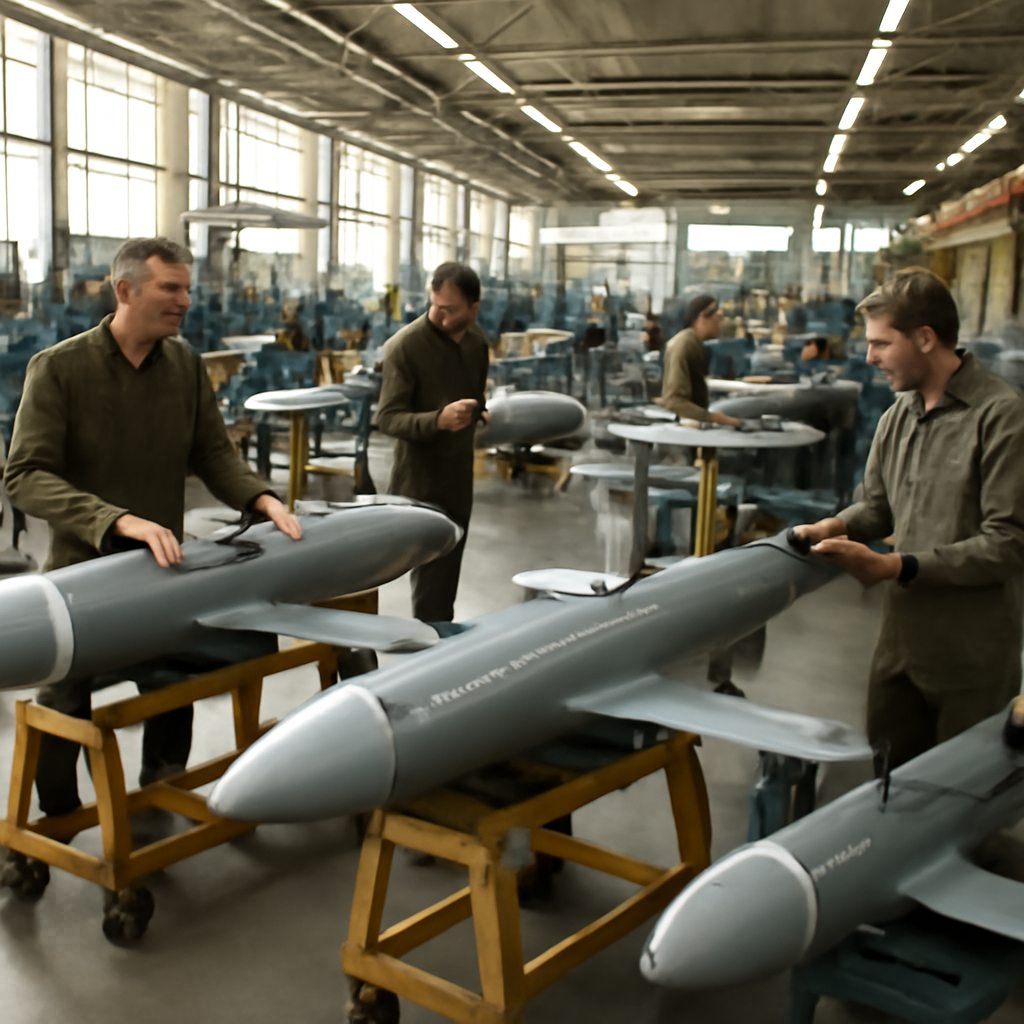 Defense contractors and military personnel work on small cruise missiles at a well-lit munitions production facility.