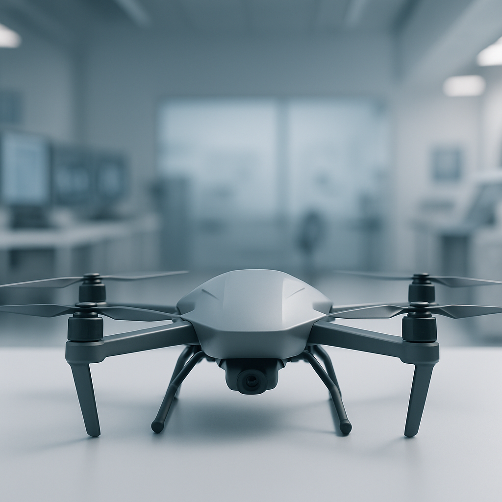 Sleek autonomous drone centered against a soft gradient background in a clean laboratory setting.