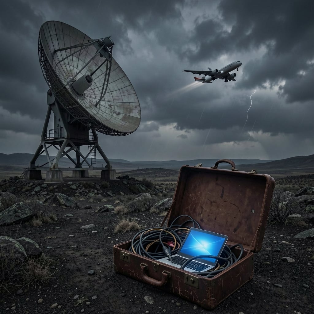 Satellite dish stands in rugged landscape with aircraft in stormy sky, briefcase and laptop nearby.