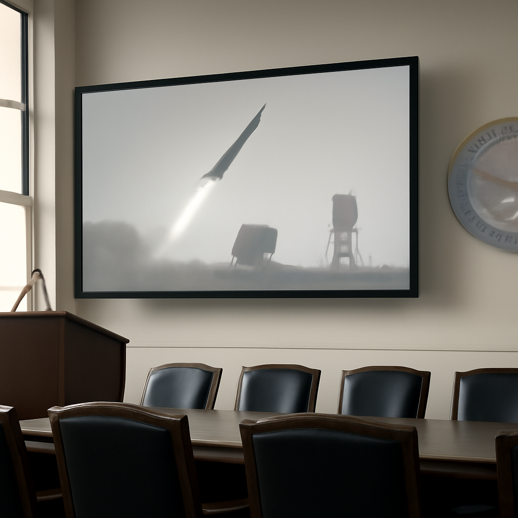 Briefing room with podium and chairs, tall windows in background.