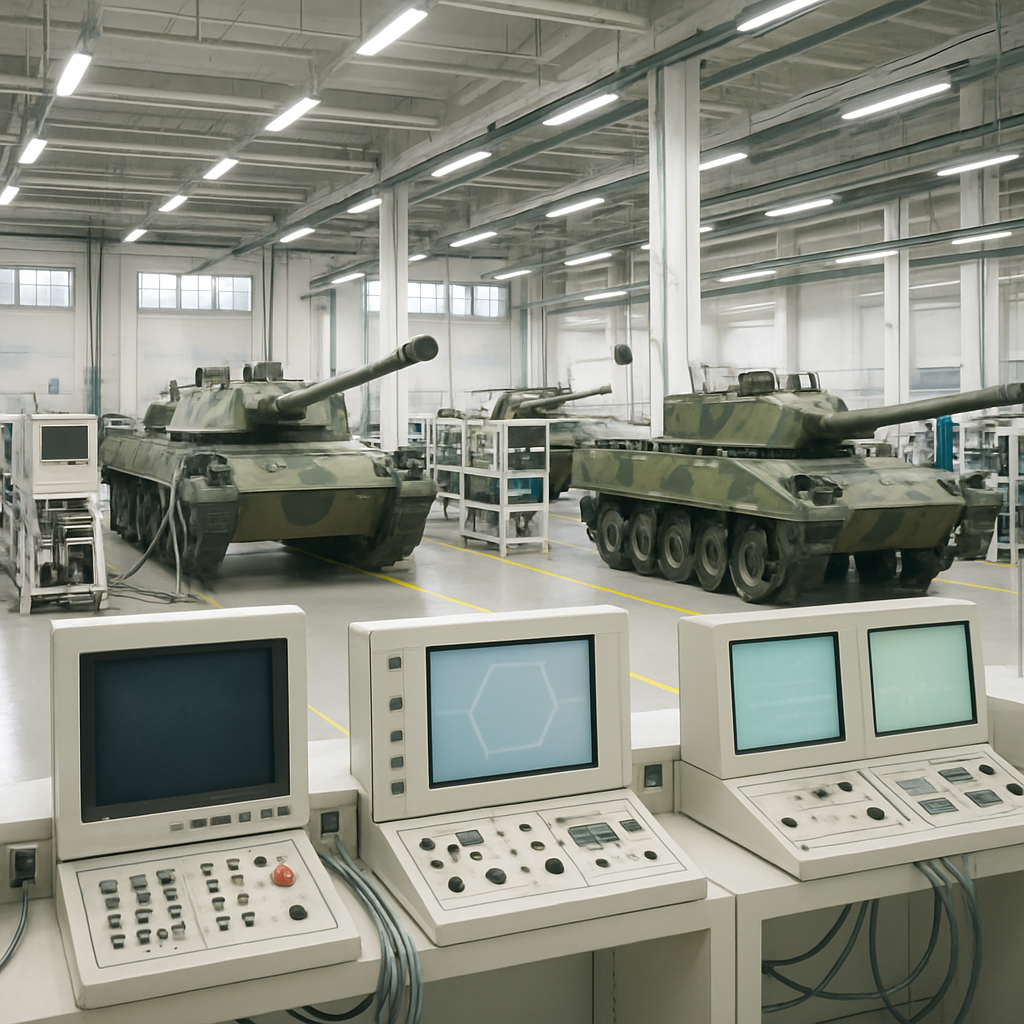 Defense facility workstations and equipment with computer screens in the foreground.